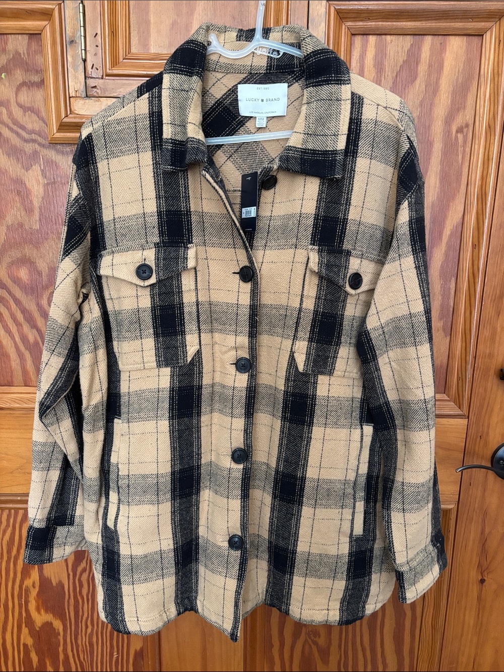 Lucky Brand Black and Tan Plaid tunic length Shacket Jacket